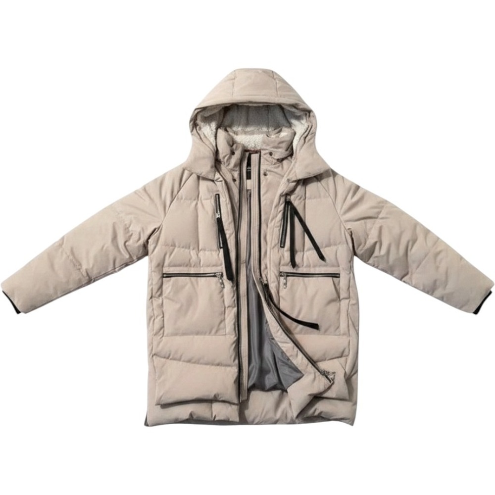 Orolay Thickened Down Jacket M Beige Multi-Zipper Fleece Hood Parka Gorpcore